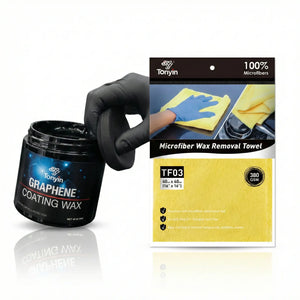 Graphene coating wax jar with a black glove and microfiber towel packaging on a white background