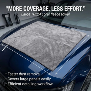 KOMBAT coral fleece microfiber towel in grey, large 16x24 inches, ultra-plush, 500 GSM, ideal for dusting and scratch-free detailing.