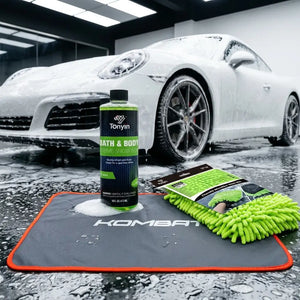 Rocket Science Alliance Car Wash Lite Kit bundle with snow foam, wash mitt, and drying towel for effective car cleaning.