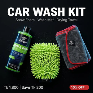 Rocket Science Alliance car wash kit with snow foam, wash mitt, and drying towel for effective vehicle cleaning.