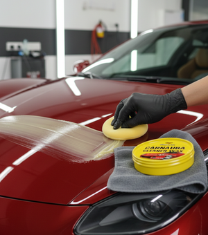Rocket Science Alliance Carnauba Cleaner Wax TW03 applied on car paint showing a smooth, shiny finish and clean surface.