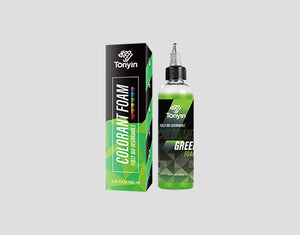 Green foam shampoo in a high-sudsing colored snow foam bottle from Rocket Science Alliance Tonyin Colorant series.