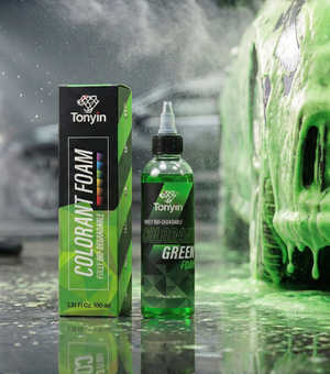 Green foam shampoo from Rocket Science Alliance Tonyin Colorant, high-sudsing snow foam for vibrant car cleaning.