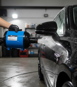 Rocket Science Alliance Hurricane Car Dryer TT24 in action, showcasing its compact design and drying nozzle for vehicle detailing.