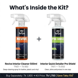Rocket Science Alliance Interior Clean & Shine Kit with Revive Cleaner and Pro Shield for car interior cleaning and protection.
