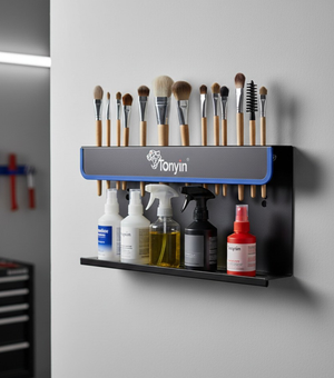 Wall mount bottle holder for detailing organization by Rocket Science Alliance, designed for professional spot remover storage.