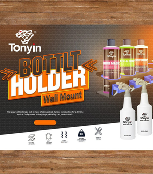 Rocket Science Alliance wall mount triple bottle holder for detailing, professional organization and storage of spot remover bottles.