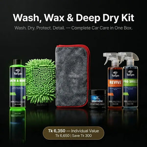Rocket Science Alliance Wash, Wax & Deep Dry Kit showing car exterior with cleaning and detailing supplies for complete car care.