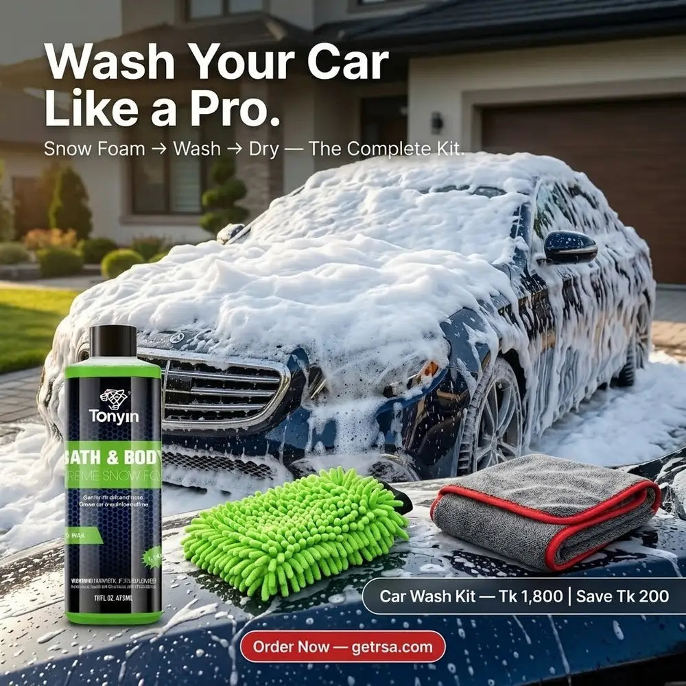 Rocket Science Alliance car wash kit with snow foam, wash mitt, and drying towel for effective vehicle cleaning.