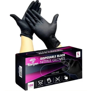 Black disposable nitrile gloves from Rocket Science Alliance, safety gloves for protective use, high-quality and durable.