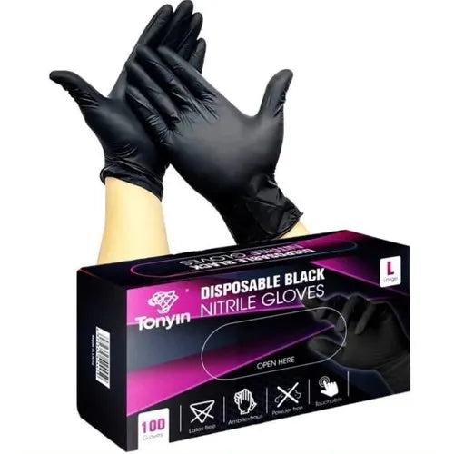 Black disposable nitrile gloves from Rocket Science Alliance, safety gloves for protective use, high-quality and durable.
