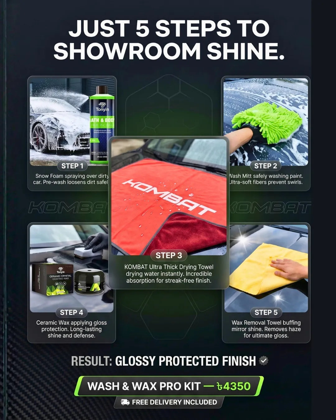 Rocket Science Alliance Wash & Wax Pro Kit with cleaning and waxing supplies for car detailing, featuring bottles and applicators.