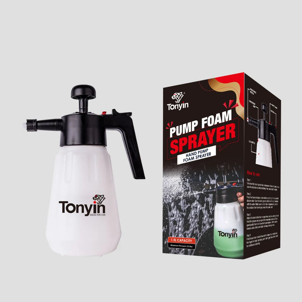 Rocket Science Alliance 1.5L Pump Foam Sprayer for car detailing, professional snow foam hand pressure sprayer with spot remover features.