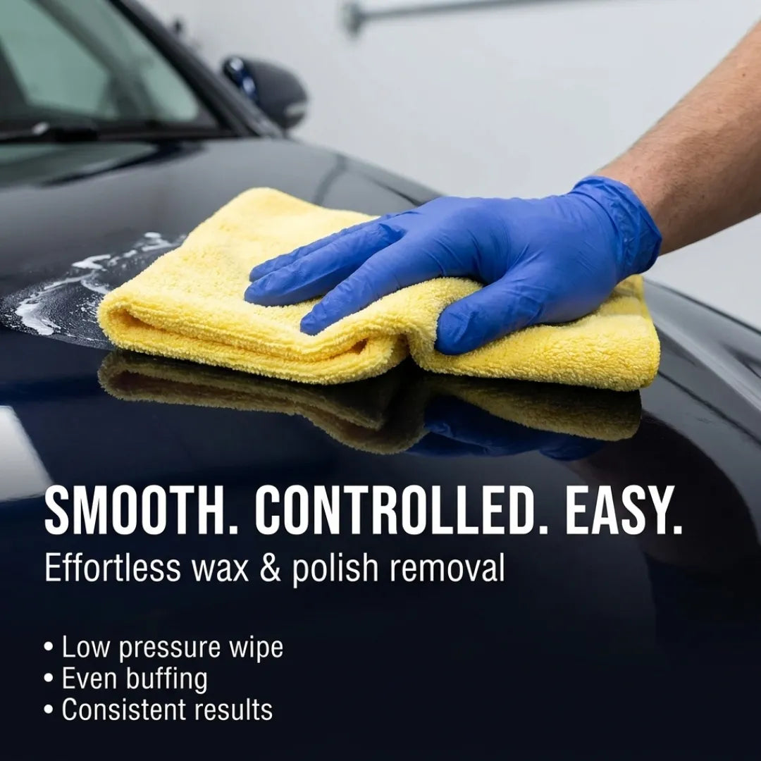 KOMBAT microfiber wax removal towel, 16x16 inches, lint-free and scratch-safe for compound and polish removal.