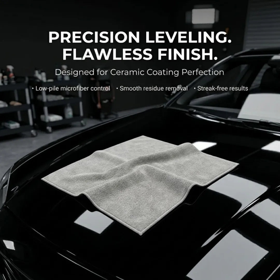 KOMBAT ceramic coating buffing microfiber towel, 16x16 inches, 300 GSM, for residue removal and high-gloss, streak-free finish.