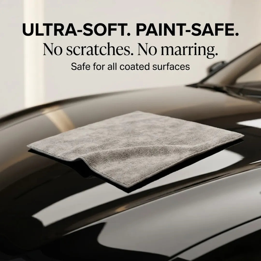 KOMBAT ceramic coating buffing microfiber towel, 16x16 inches, 300 GSM, high-gloss finish, streak-free residue removal, precision leveling