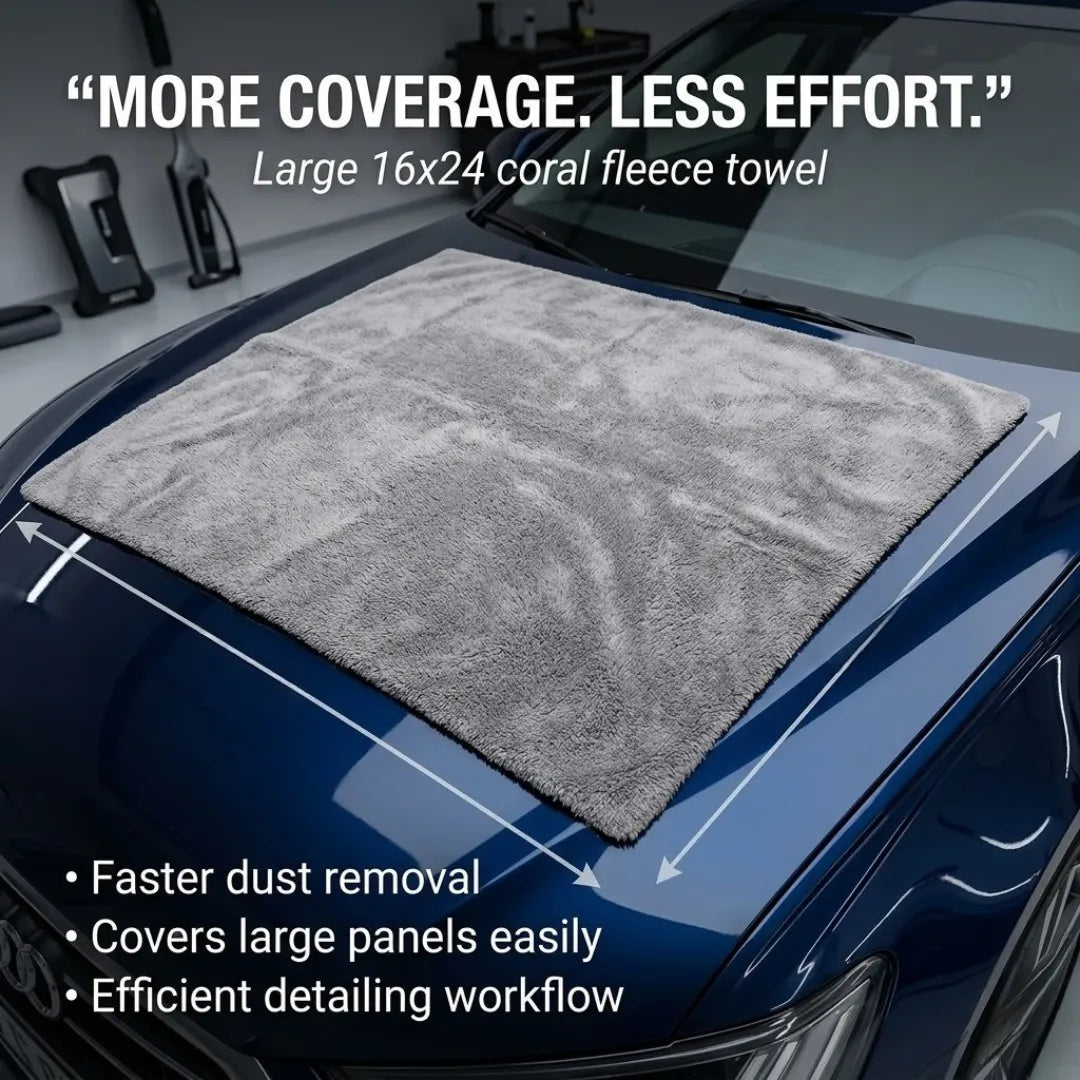 KOMBAT coral fleece microfiber towel in grey, large 16x24 inches, ultra-plush, 500 GSM, ideal for dusting and scratch-free detailing.
