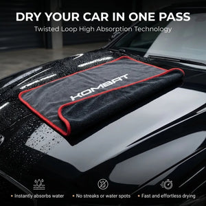KOMBAT Twisted Loop Car Drying Towel, microfiber, 16x24 inches, high water absorption, fast one-pass drying, scratch-free finish.