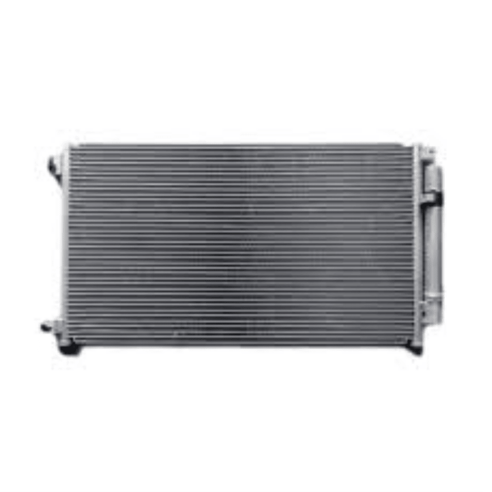 DENSO Cool Gear A/C condenser for Toyota Aqua, showing the metallic radiator core with inlet and outlet ports.