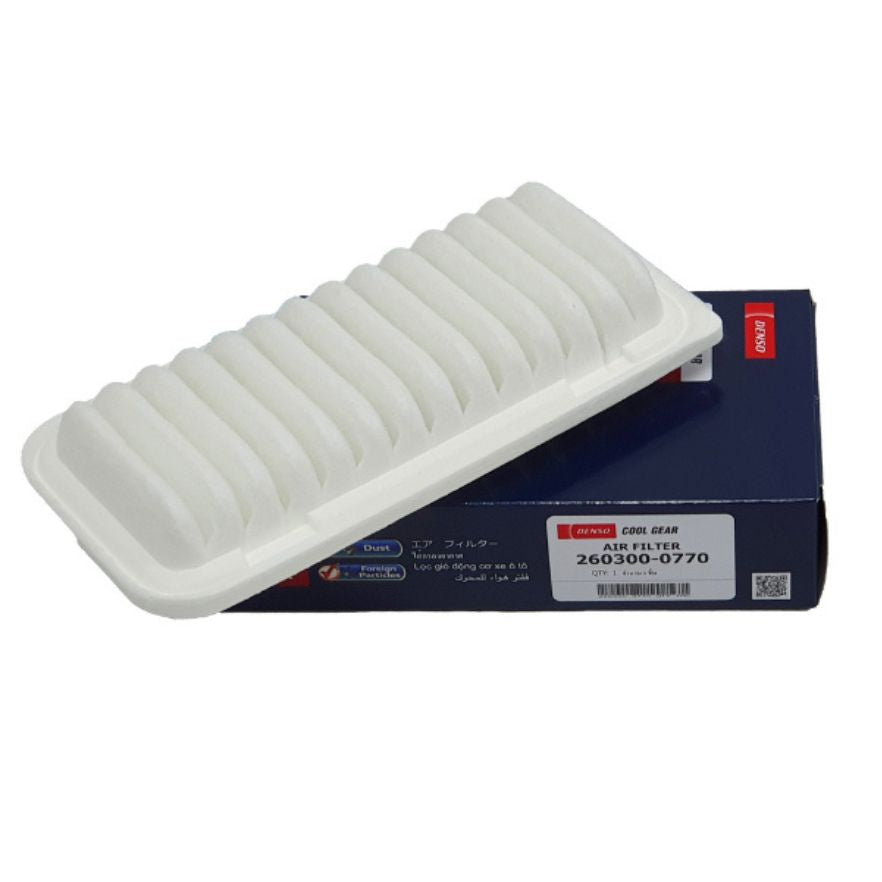 DENSO Cool Gear air filter 0770 showing the cylindrical filter with pleated filtration material for engine air intake.