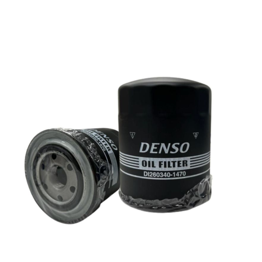 DENSO Cool Gear Oil Filter 1470 for Mitsubishi vehicles, showing the black cylindrical filter with metal fittings.