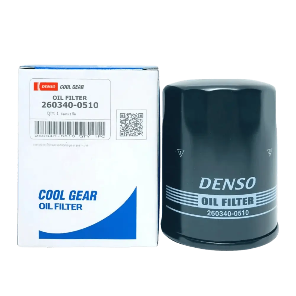 DENSO Cool Gear Oil Filter 260340-0510 showing the cylindrical metal filter with sealing gasket for vehicle engine lubrication