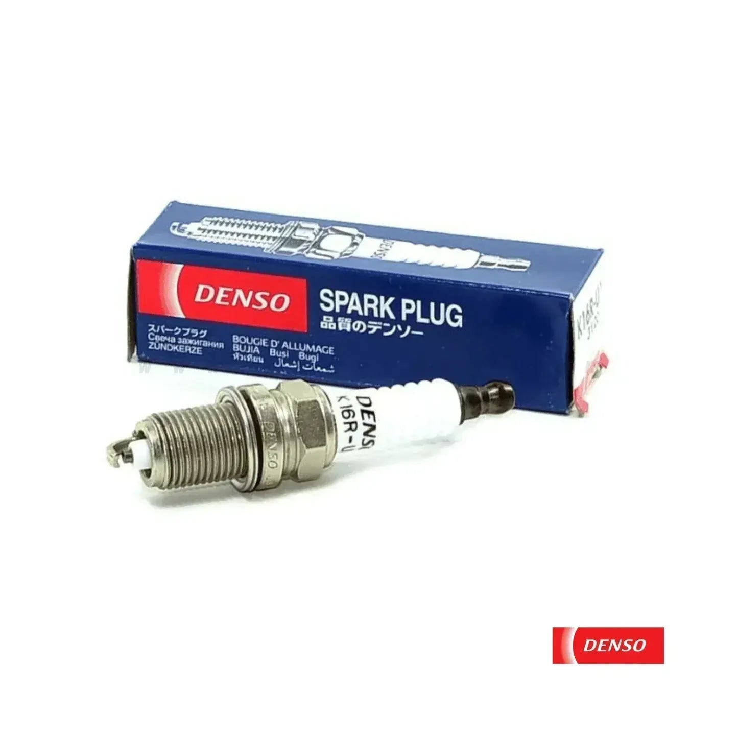 DENSO Copper K20R-U11 spark plug for automotive engines, showing the metal tip and ceramic insulator in a close-up image.
