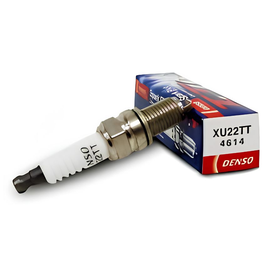 Set of four DENSO Copper XU22TT spark plugs for automotive engines, showing the metal and ceramic tips.