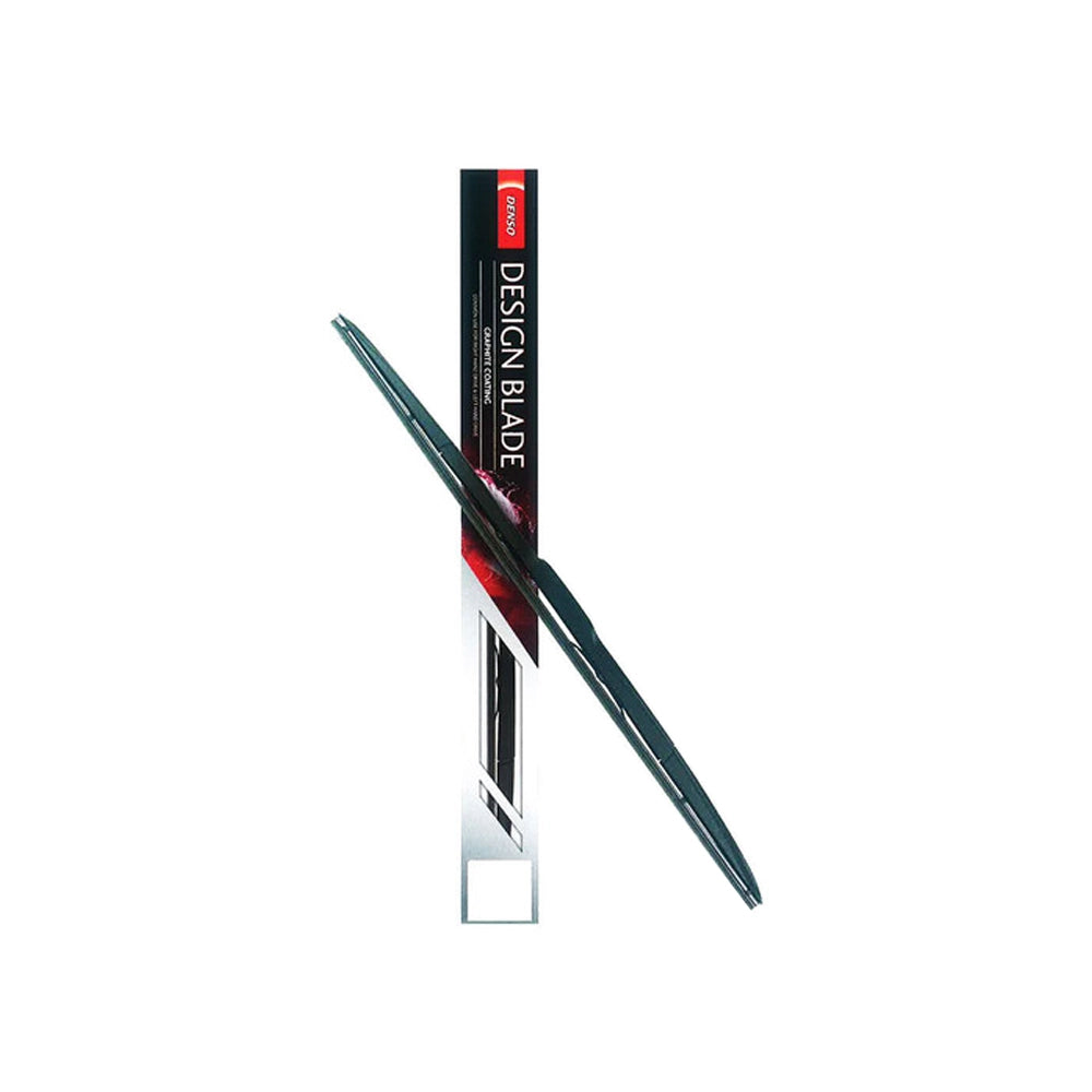 DENSO Design A-Type 14-inch rear wiper blade installed on a vehicle, showing its sleek black rubber and metal frame.