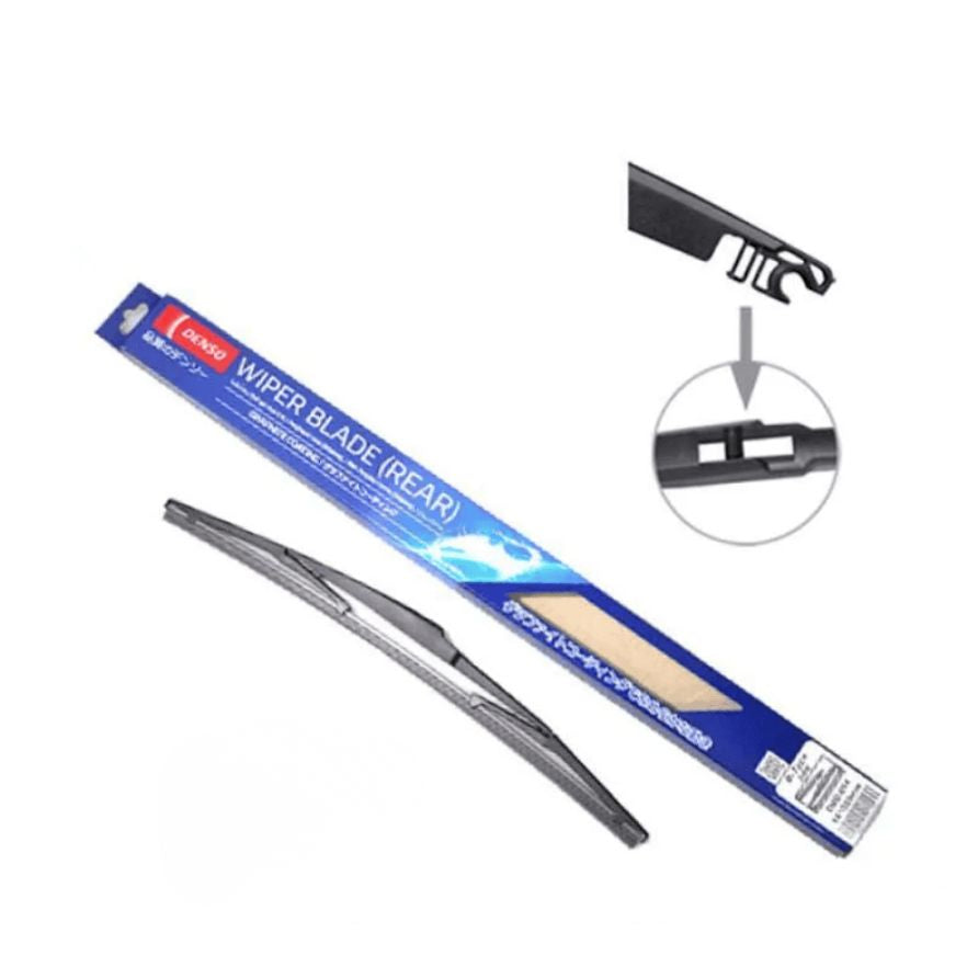 DENSO DESIGN B-Type 10-inch rear wiper blade installed on a vehicle, showcasing durable rubber and metal frame for effective wiping.