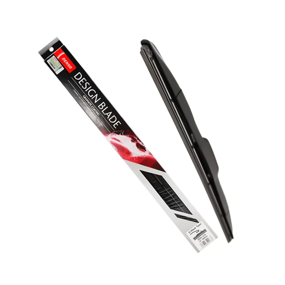 DENSO DESIGN U-Hook 14-inch wiper blade installed on a vehicle, showcasing the durable rubber blade and U-hook attachment.