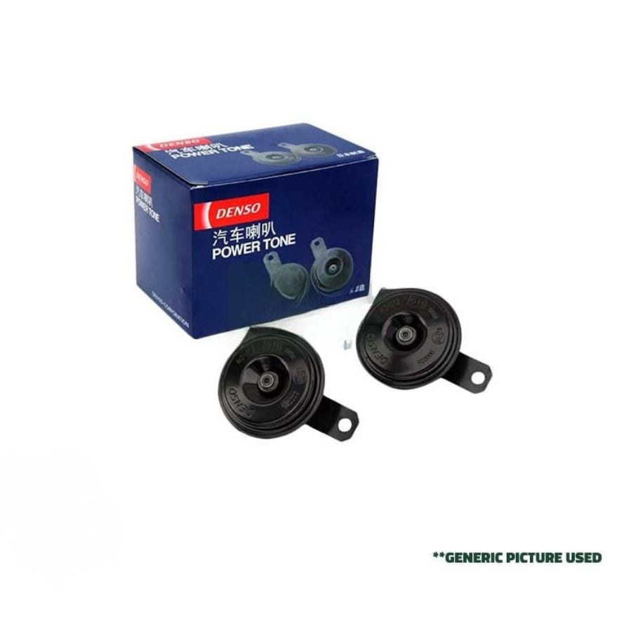 DENSO flat horn with double pin connector, shown in a box, designed for vehicle sound signaling systems.