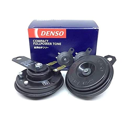 DENSO flat horn with single pin connection, shown in packaging, designed for automotive use.