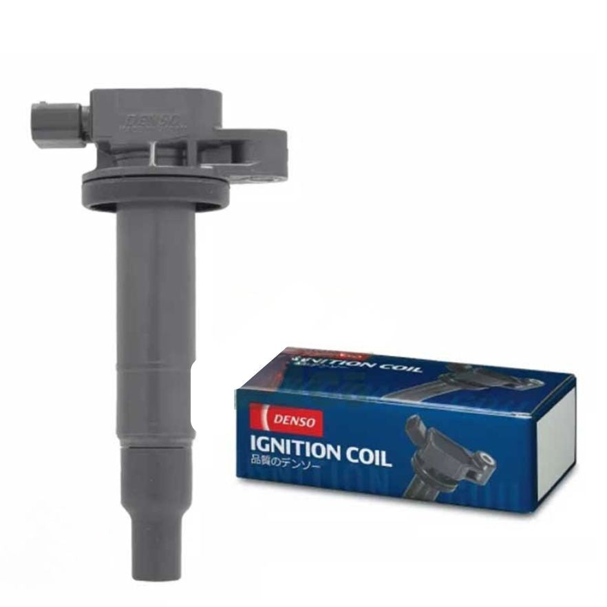 DENSO ignition coil for 1NZ-FE engine, new automotive spark coil, front view showing coil and connector.