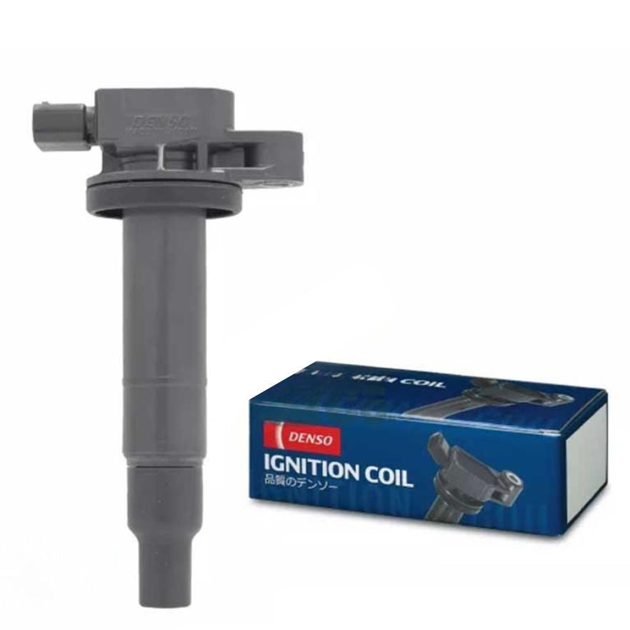 DENSO ignition coil for 1NZ-FE engine, showing the coil with wiring and connector for vehicle ignition system.