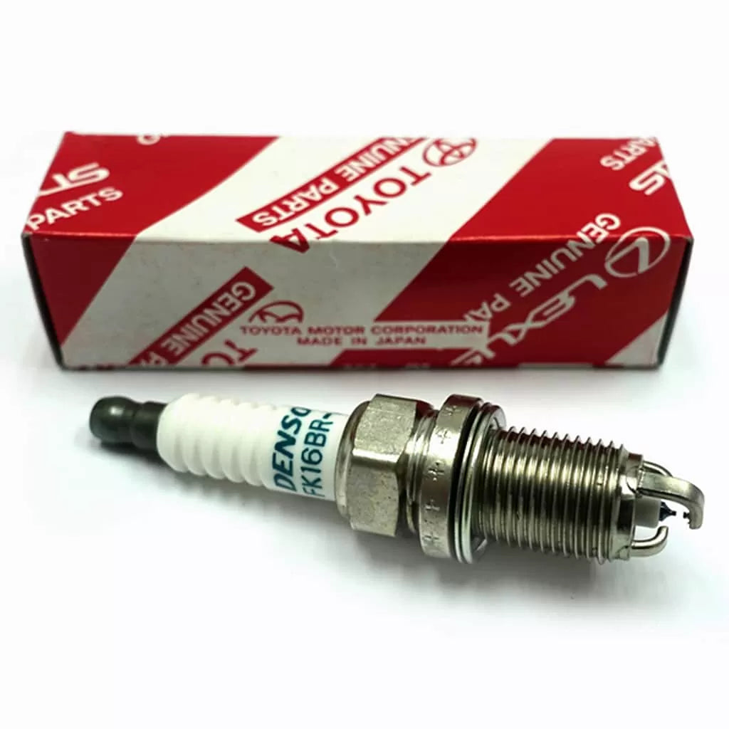 Set of four DENSO Iridium FK16BR-AL8 spark plugs with metal tips and ceramic insulators, designed for high-performance vehicle ignition systems.