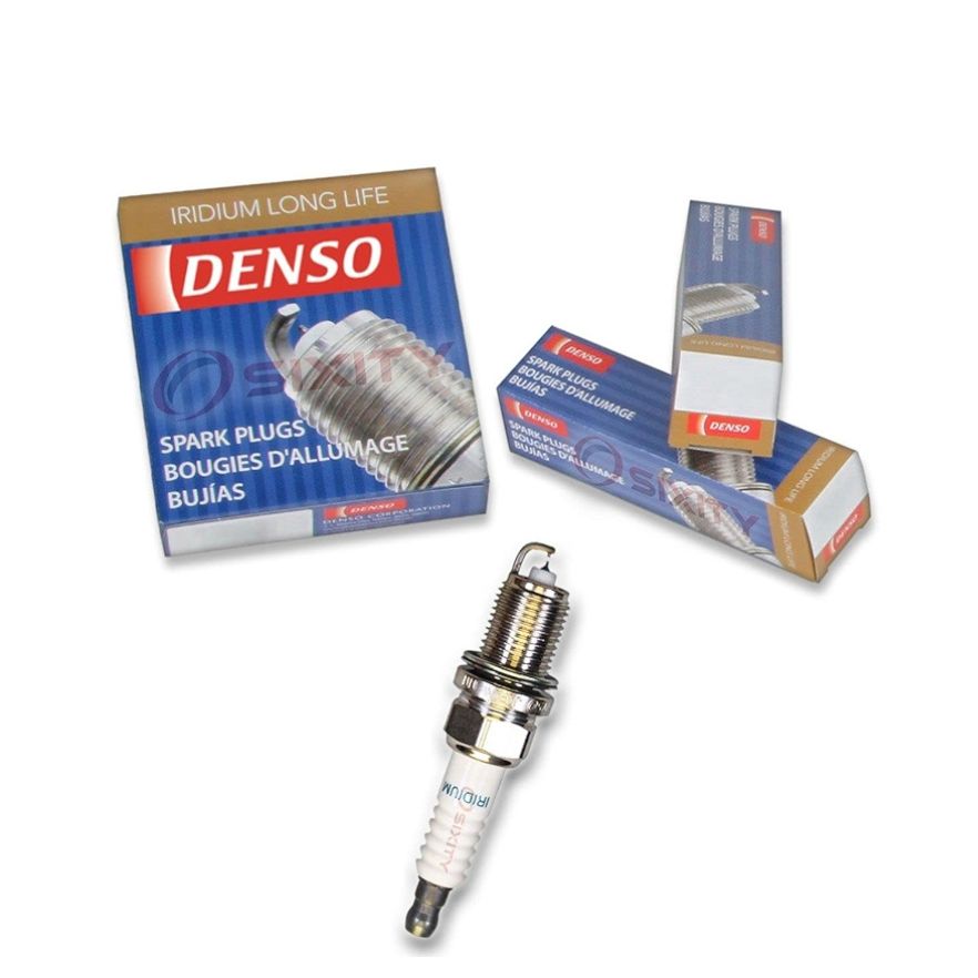 Set of four DENSO Iridium FK16R-A8 spark plugs showing their sleek metal and ceramic design for vehicle ignition systems.