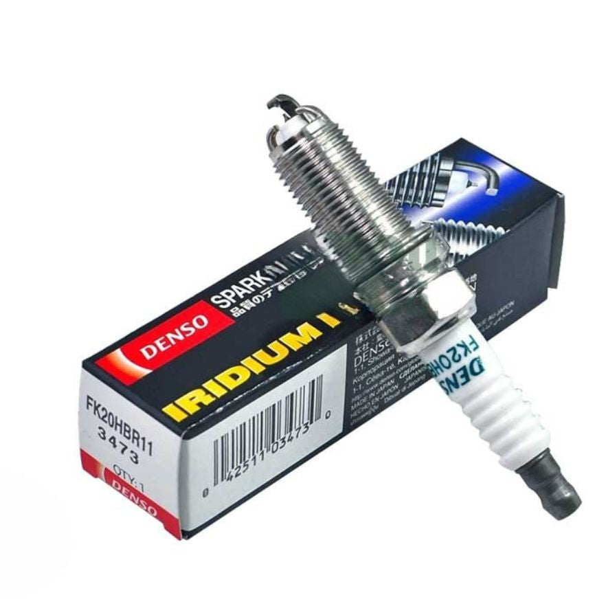 Set of four DENSO Iridium FK20HBR11 spark plugs, high-performance automotive spark plugs with durable iridium tips.