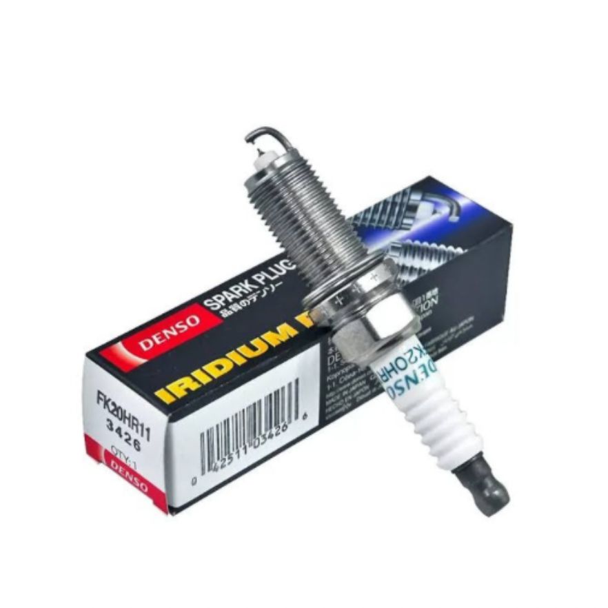 Set of four DENSO Iridium FK20HR11 spark plugs for vehicle ignition, with visible spark plug tips and packaging.