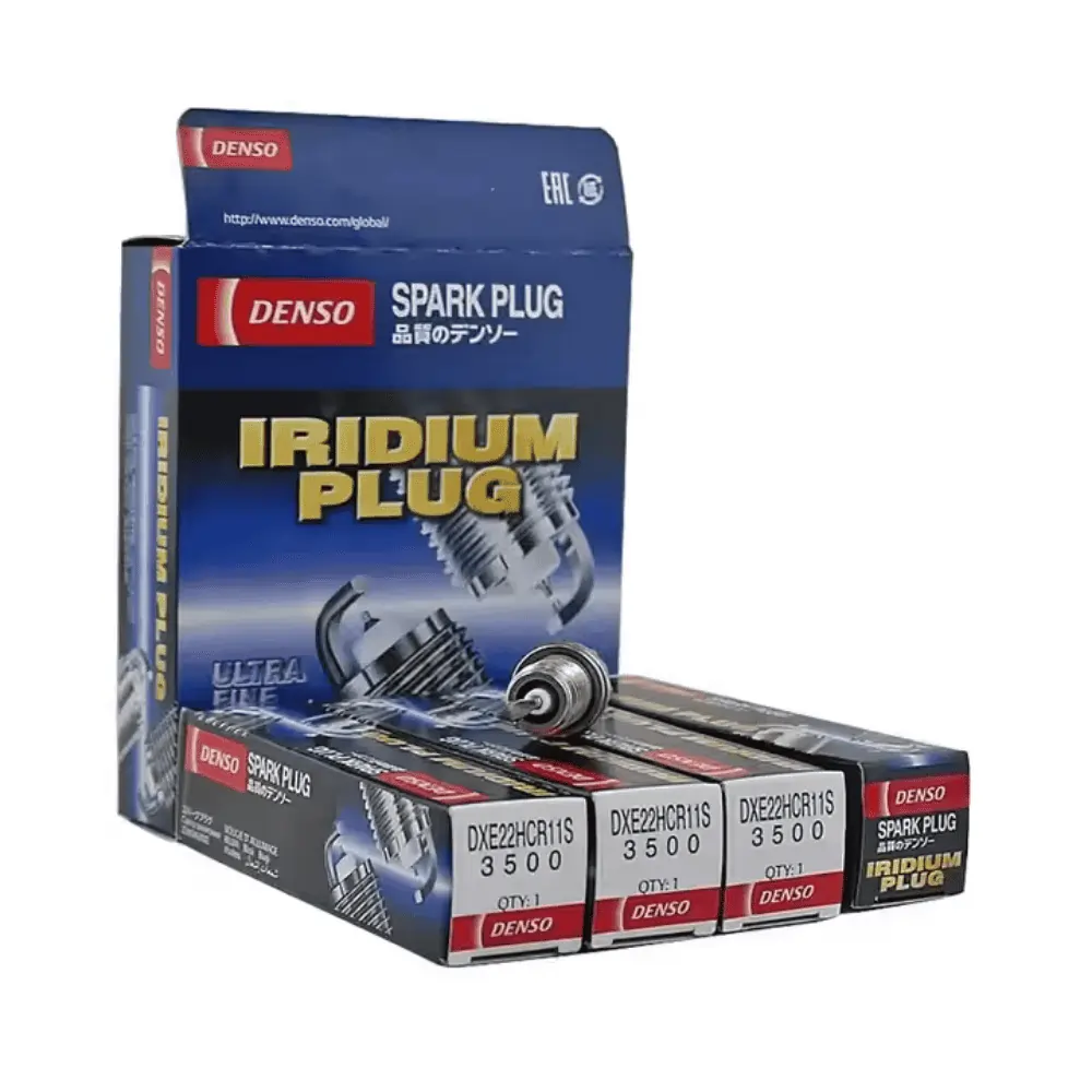 Set of four DENSO Iridium Long Life DXE22HCR11S spark plugs showing the durable metal tips and threaded bodies.