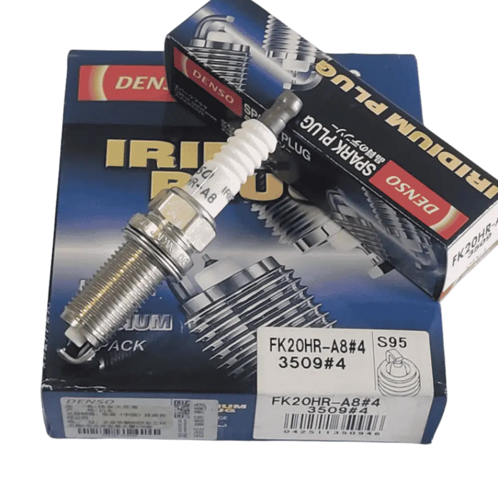 Set of four DENSO Iridium Long Life FK20HR-A8 spark plugs for improved engine performance and durability, shown in the image.