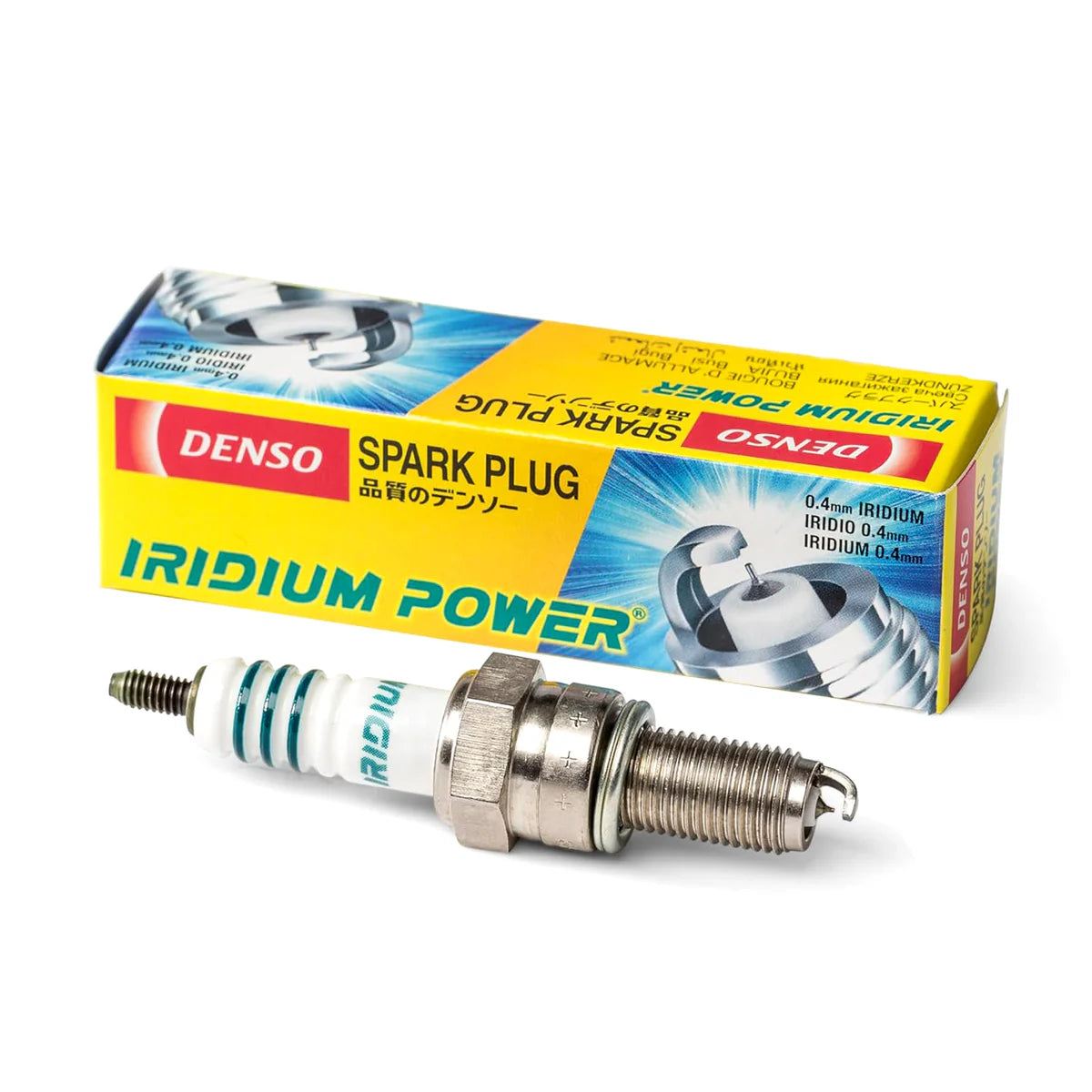 Four DENSO Iridium Power IK20 spark plugs, high-performance automotive ignition components, shown in a set against a neutral background.