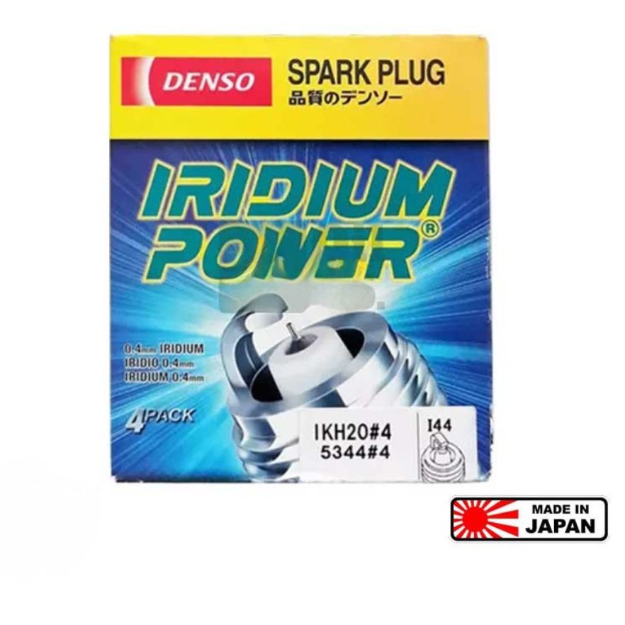 Set of four DENSO Iridium Power IKH20 spark plugs showing the platinum tips and metal shell for efficient engine performance.