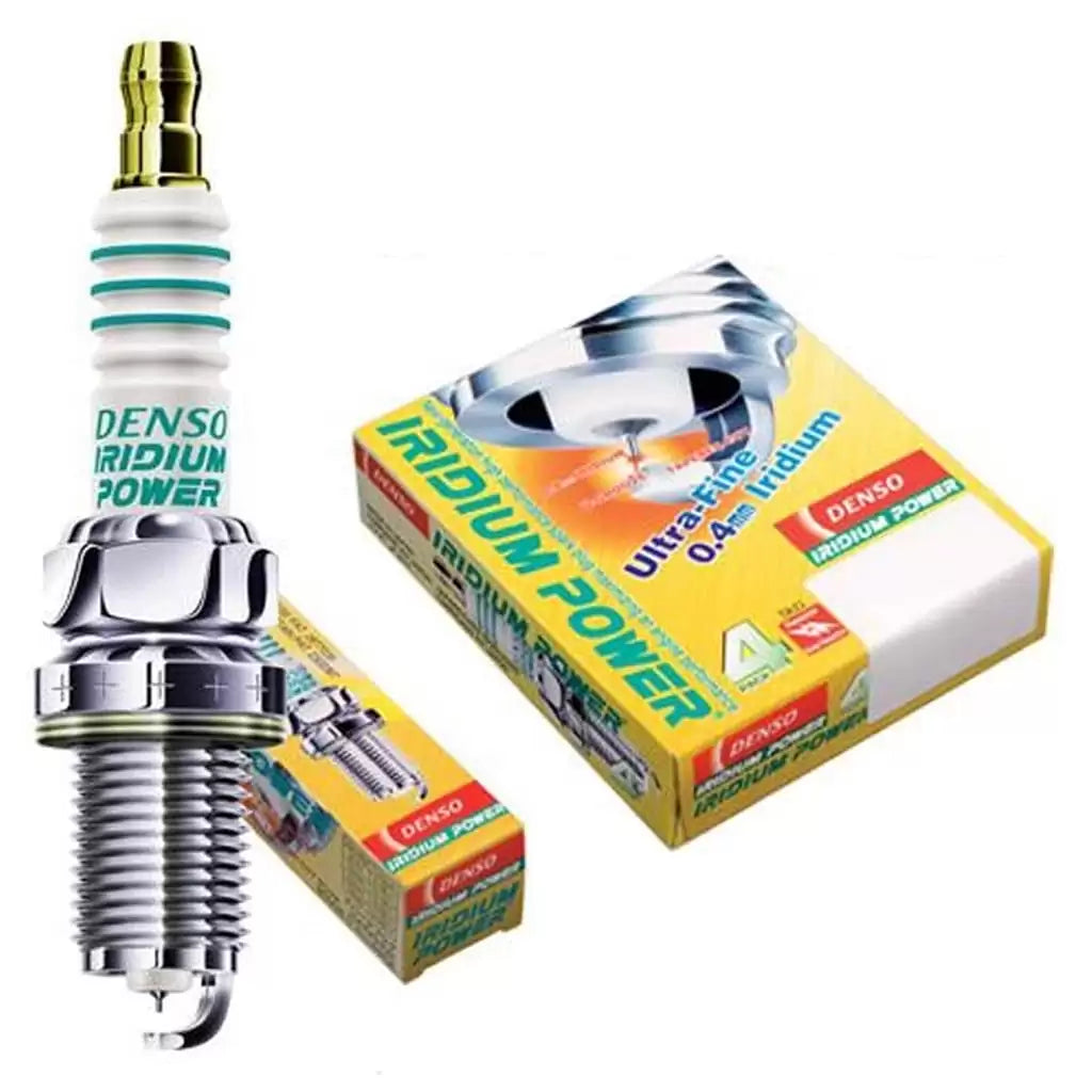 DENSO Iridium Power IXU22I spark plug, set of four, with metal shell and iridium tip for high-performance engine ignition.