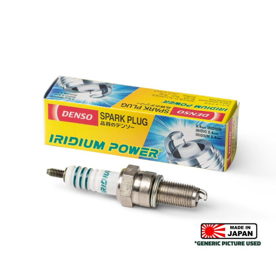 DENSO Iridium Power IU24 spark plug for vehicles, showing the platinum-tipped electrode and metal shell.