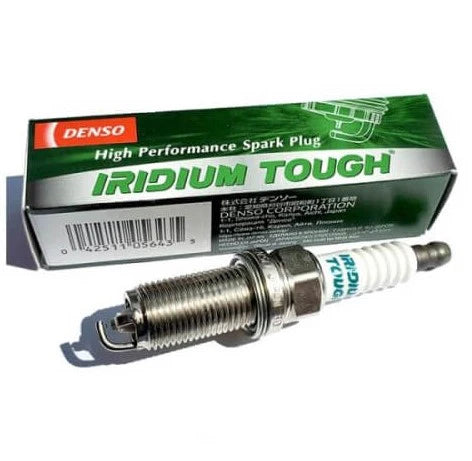 Set of four DENSO Iridium Tough VFKH16 spark plugs, high-performance automotive ignition components.