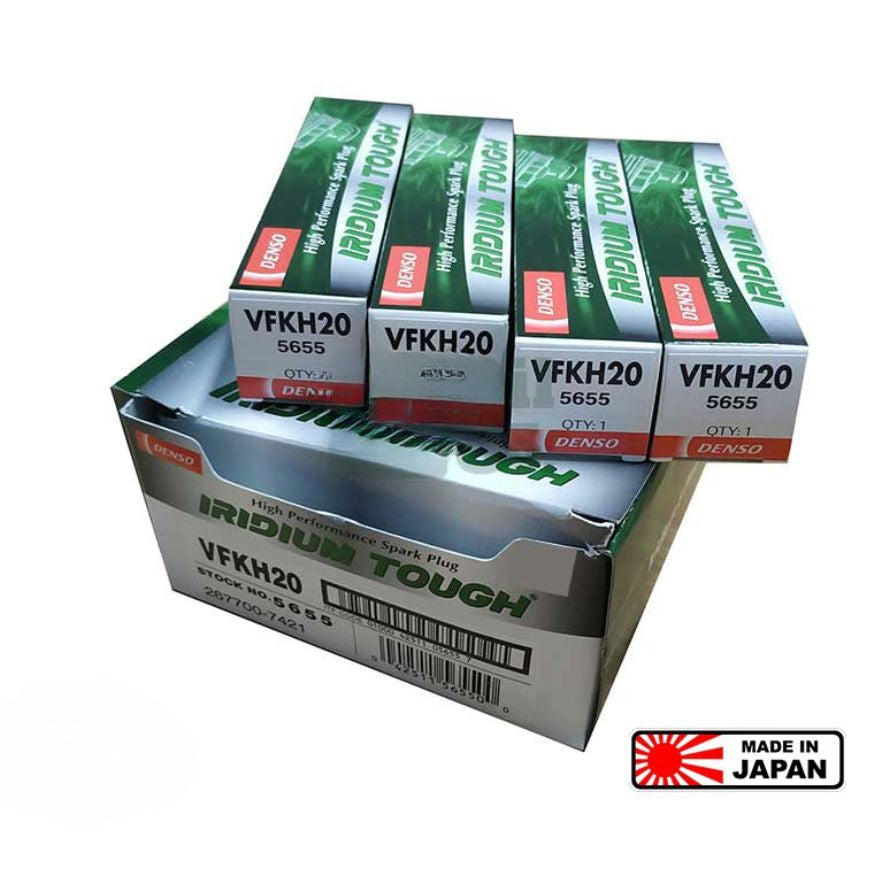 Set of four DENSO Iridium Tough VFKH20 spark plugs, durable automotive ignition parts with precise electrode design.