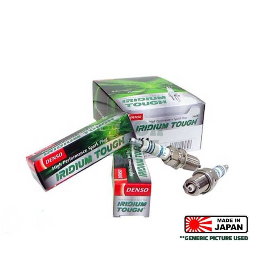 DENSO Iridium Tough VFXEH20 spark plug, close-up view showing electrode and ceramic insulator.