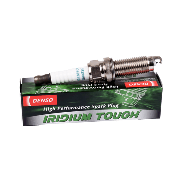 Set of four DENSO Iridium Tough VFXEHC22G spark plugs, high-performance automotive ignition parts with durable iridium tips.