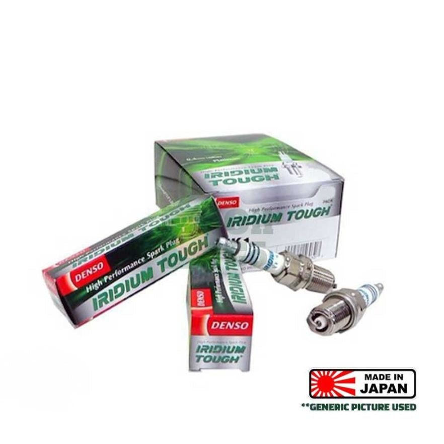 Set of four DENSO Iridium Tough VCH20 spark plugs showing the black ceramic insulators and metal threading.